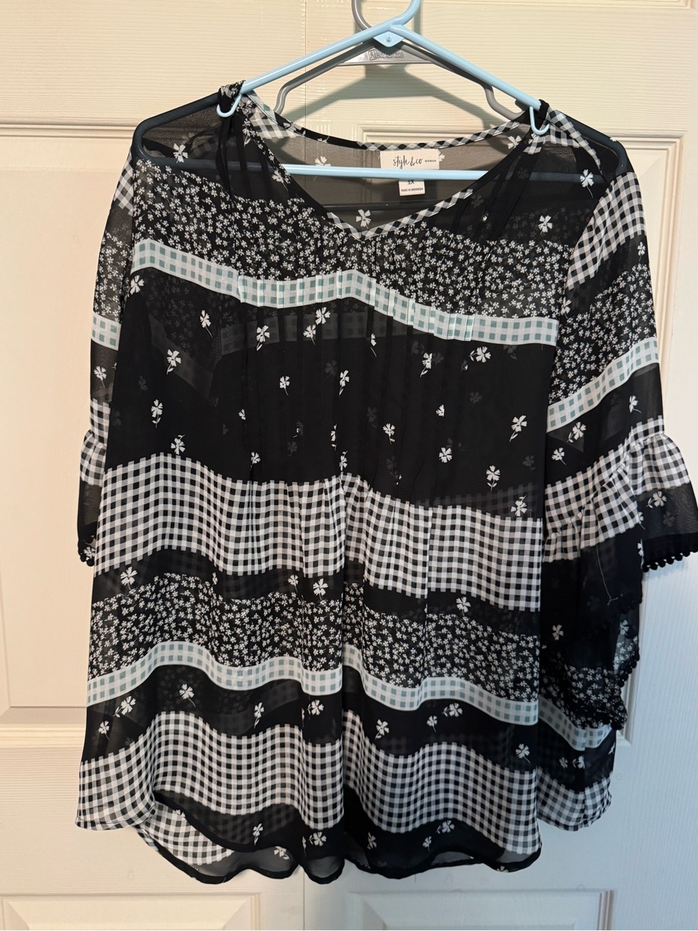 Style & Co. Black Floral & Gingham Mixed-Print Sheer Top